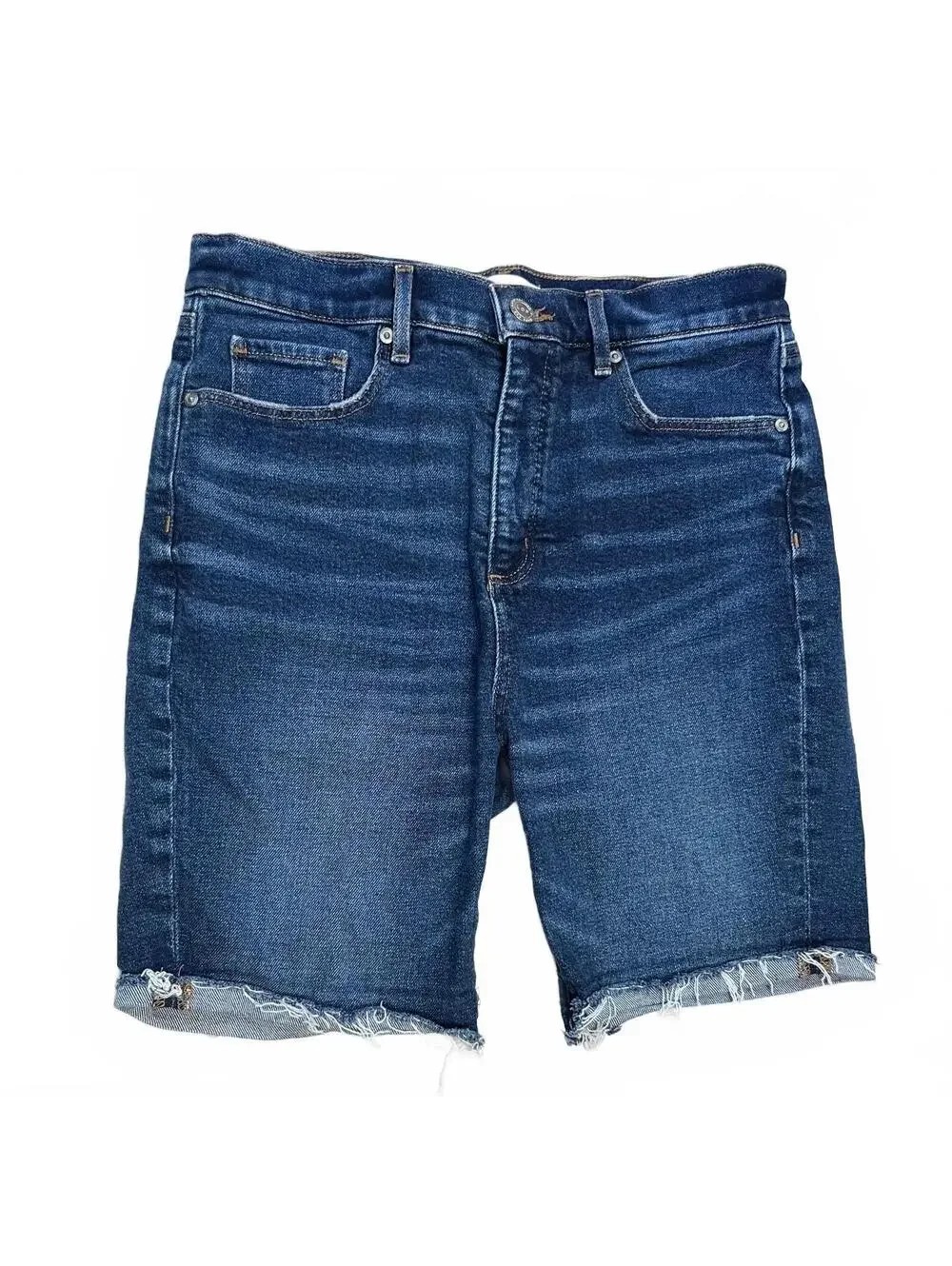 LOFT High Waist Bike Short Denim Bermuda Shorts Frayed Raw Hem Size 30 10 Dark